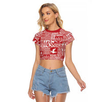 Red Tonga Kilisimasi Fiefia Raglan Cropped T Shirt Pacific Patchwork Xmas Vibes LT9 Female Red - Polynesian Pride
