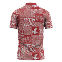 Red Tonga Kilisimasi Fiefia Zipper Polo Shirt Pacific Patchwork Xmas Vibes - Polynesian Pride