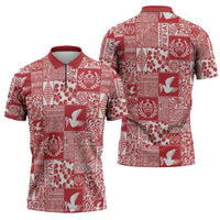 Red Tonga Kilisimasi Fiefia Zipper Polo Shirt Pacific Patchwork Xmas Vibes - Polynesian Pride