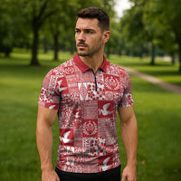 Red Tonga Kilisimasi Fiefia Zipper Polo Shirt Pacific Patchwork Xmas Vibes - Polynesian Pride