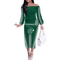 Polynesian Hawaii Volleyball Custom Family Matching Off The Shoulder Long Sleeve Dress and Hawaiian Shirt Green Kakau with Map Motif