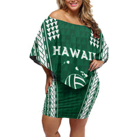Polynesian Hawaii Volleyball Custom Family Matching Off Shoulder Short Dress and Hawaiian Shirt Green Kakau with Map Motif