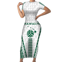 Polynesian Hawaii Volleyball Custom Family Matching Short Sleeve Bodycon Dress and Hawaiian Shirt White Kakau with Map Motif
