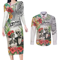 Skeleton Love for Valentine’s Day Couples Matching Long Sleeve Bodycon Dress and Long Sleeve Button Shirt Polynesian Tribal Love Forever