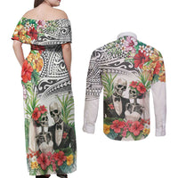 Skeleton Love for Valentine’s Day Couples Matching Off Shoulder Maxi Dress and Long Sleeve Button Shirt Polynesian Tribal Love Forever