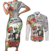 Skeleton Love for Valentine’s Day Couples Matching Short Sleeve Bodycon Dress and Long Sleeve Button Shirt Polynesian Tribal Love Forever