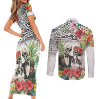 Skeleton Love for Valentine’s Day Couples Matching Short Sleeve Bodycon Dress and Long Sleeve Button Shirt Polynesian Tribal Love Forever