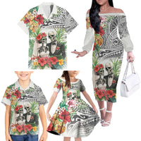 Skeleton Love for Valentine’s Day Family Matching Off The Shoulder Long Sleeve Dress and Hawaiian Shirt Polynesian Tribal Love Forever