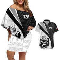 Personalised Tonga Emancipation Day Couples Matching Off Shoulder Short Dress and Hawaiian Shirt Since 1970 Ngatu Tribal Pattern LT9 Black - Polynesian Pride