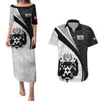 Personalised Tonga Emancipation Day Couples Matching Puletasi and Hawaiian Shirt Since 1970 Ngatu Tribal Pattern LT9 Black - Polynesian Pride