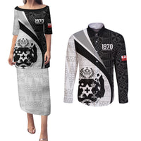 Personalised Tonga Emancipation Day Couples Matching Puletasi and Long Sleeve Button Shirt Since 1970 Ngatu Tribal Pattern LT9 Black - Polynesian Pride