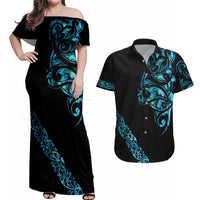 All Black Maori Tribal Tattoo Personalised Couples Matching Off Shoulder Maxi Dress and Hawaiian Shirt Polynesian Style