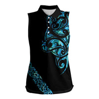 All Black Maori Tribal Tattoo Personalised Women Sleeveless Polo Shirt Polynesian Style