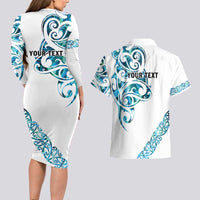All White Maori Tribal Tattoo Personalised Couples Matching Long Sleeve Bodycon Dress and Hawaiian Shirt Polynesian Style