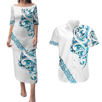 All White Maori Tribal Tattoo Personalised Couples Matching Puletasi and Hawaiian Shirt Polynesian Style