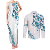 All White Maori Tribal Tattoo Personalised Couples Matching Tank Maxi Dress and Long Sleeve Button Shirt Polynesian Style