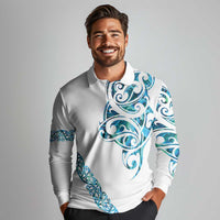 All White Maori Tribal Tattoo Personalised Long Sleeve Polo Shirt Polynesian Style