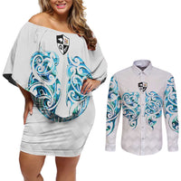 Queensland Maori Kiwi Personalised Couples Matching Off Shoulder Short Dress and Long Sleeve Button Shirt Ma Kakariki Papua Shell Maori Tribal Tattoo
