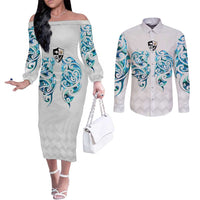 Queensland Maori Kiwi Personalised Couples Matching Off The Shoulder Long Sleeve Dress and Long Sleeve Button Shirt Ma Kakariki Papua Shell Maori Tribal Tattoo