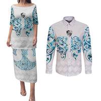 Queensland Maori Kiwi Personalised Couples Matching Puletasi and Long Sleeve Button Shirt Ma Kakariki Papua Shell Maori Tribal Tattoo