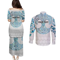 Queensland Maori Kiwi Personalised Couples Matching Puletasi and Long Sleeve Button Shirt Ma Kakariki Papua Shell Maori Tribal Tattoo