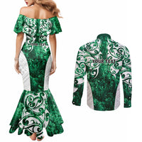 Queensland Maori Kiwi Personalised Couples Matching Mermaid Dress and Long Sleeve Button Shirt Kikirangi Papua Shell Maori Tribal Tattoo