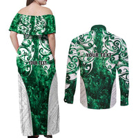 Queensland Maori Kiwi Personalised Couples Matching Off Shoulder Maxi Dress and Long Sleeve Button Shirt Kikirangi Papua Shell Maori Tribal Tattoo
