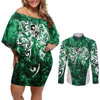 Queensland Maori Kiwi Personalised Couples Matching Off Shoulder Short Dress and Long Sleeve Button Shirt Kikirangi Papua Shell Maori Tribal Tattoo