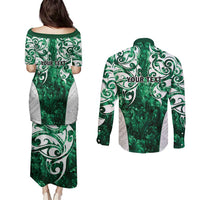 Queensland Maori Kiwi Personalised Couples Matching Puletasi and Long Sleeve Button Shirt Kikirangi Papua Shell Maori Tribal Tattoo