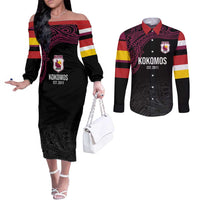 Queensland Papua New Guinea Custom Couples Matching Off The Shoulder Long Sleeve Dress and Long Sleeve Button Shirt All Black Pacific PNG Tribal Style