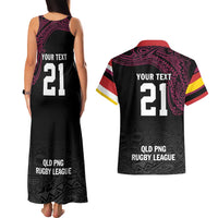 Queensland Papua New Guinea Custom Couples Matching Tank Maxi Dress and Hawaiian Shirt All Black Pacific PNG Tribal Style