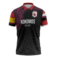 Queensland Papua New Guinea Custom Zipper Polo Shirt All Black Pacific PNG Tribal Style - Polynesian Pride