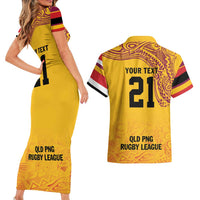 Queensland Papua New Guinea Custom Couples Matching Short Sleeve Bodycon Dress and Hawaiian Shirt All Gold Pacific PNG Tribal Style