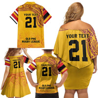 Queensland Papua New Guinea Custom Family Matching Off Shoulder Short Dress and Hawaiian Shirt All Gold Pacific PNG Tribal Style