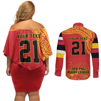 Queensland Papua New Guinea Custom Couples Matching Off Shoulder Short Dress and Long Sleeve Button Shirt All Red Pacific PNG Tribal Style