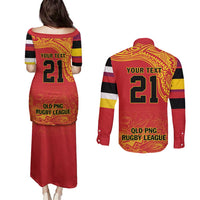 Queensland Papua New Guinea Custom Couples Matching Puletasi and Long Sleeve Button Shirt All Red Pacific PNG Tribal Style