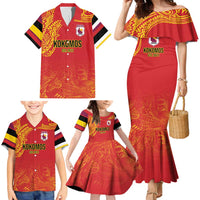 Queensland Papua New Guinea Custom Family Matching Mermaid Dress and Hawaiian Shirt All Red Pacific PNG Tribal Style
