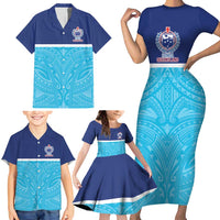Queensland Samoa Custom Family Matching Short Sleeve Bodycon Dress and Hawaiian Shirt Blue Pacific Polynesian Tribal Pattern