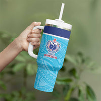 Queensland Samoa Custom Tumbler With Handle Blue Pacific Polynesian Tribal Pattern