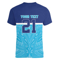 Queensland Samoa Custom Women V-Neck T-Shirt Blue Pacific Polynesian Tribal Pattern
