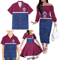Queensland Samoa Custom Family Matching Off The Shoulder Long Sleeve Dress and Hawaiian Shirt Maroon-Blue Pacific Polynesian Tribal Pattern