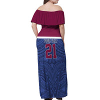 Queensland Samoa Custom Off Shoulder Maxi Dress Maroon-Blue Pacific Polynesian Tribal Pattern
