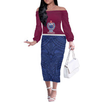 Queensland Samoa Custom Off The Shoulder Long Sleeve Dress Maroon-Blue Pacific Polynesian Tribal Pattern