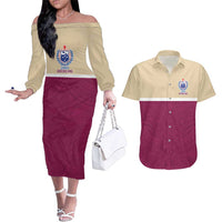 Queensland Samoa Custom Couples Matching Off The Shoulder Long Sleeve Dress and Hawaiian Shirt Maroon Pacific Polynesian Tribal Pattern