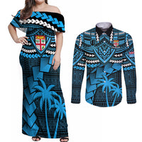 Fiji Rugby Couples Matching Off Shoulder Maxi Dress and Long Sleeve Button Shirts Go Fijian Tapa Arty with World Cup Vibe LT9 Blue - Polynesian Pride