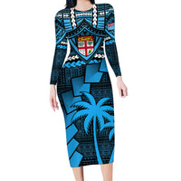 Fiji Rugby Long Sleeve Bodycon Dress Go Fijian Tapa Arty with World Cup Vibe LT9 Long Dress Blue - Polynesian Pride