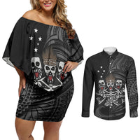 Skeleton Tribe Simbu Province Couples Matching Off Shoulder Short Dress and Long Sleeve Button Shirt Papua New Guinea Indigenous Pattern LT9 Black - Polynesian Pride