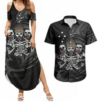 Skeleton Tribe Simbu Province Couples Matching Summer Maxi Dress and Hawaiian Shirt Papua New Guinea Indigenous Pattern LT9 Black - Polynesian Pride