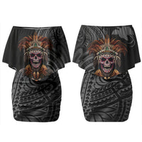 Mokomoko Tribe Eastern Highlands Province Family Matching Off Shoulder Short Dress and Hawaiian Shirt Papua New Guinea Indigenous Pattern LT9 Mom's Dress Black - Polynesian Pride