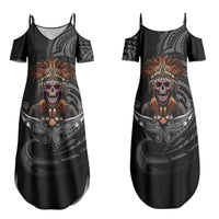 Mokomoko Tribe Eastern Highlands Province Family Matching Summer Maxi Dress and Hawaiian Shirt Papua New Guinea Indigenous Pattern LT9 Mom's Dress Black - Polynesian Pride
